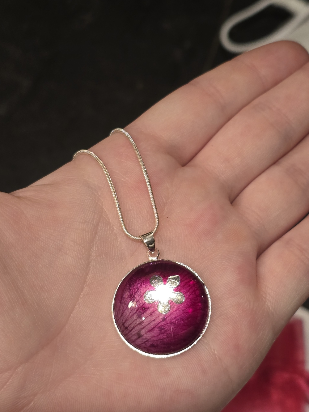Real Orchid Petal With Flower Cutout In Glass Dome Pendent.
